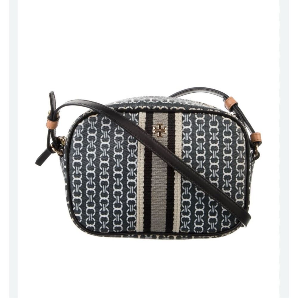 Tory Burch Gemini Link Canvas Camera Bag Black and White Print Leather Crossbody